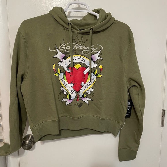 Ed Hardy lt olive long sleeve pullover hoodie double sided graphics XL New - Picture 2 of 11